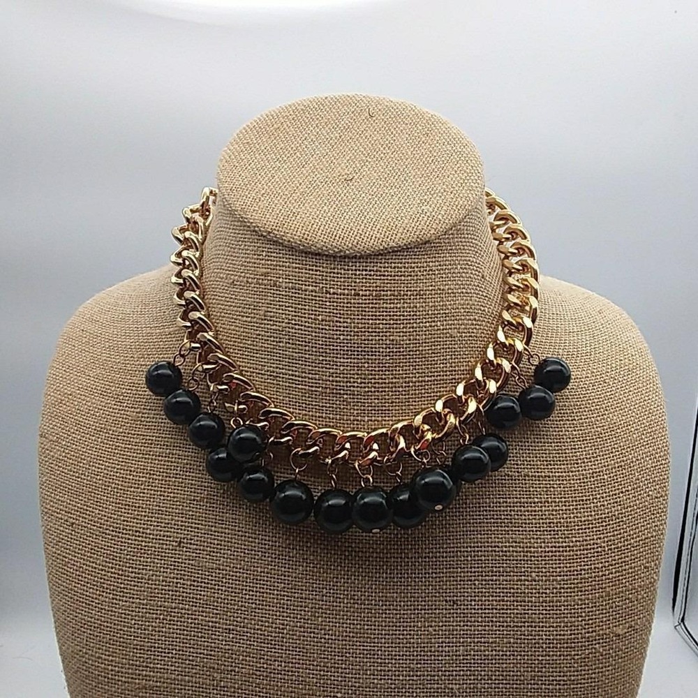 Chunky Collar Choker Statement Necklace Adjustable‎ Black Beads Gold Tone